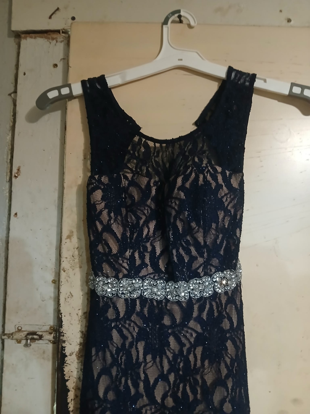 Navy Lace Sleeveless Dress with Rhinestone Waist